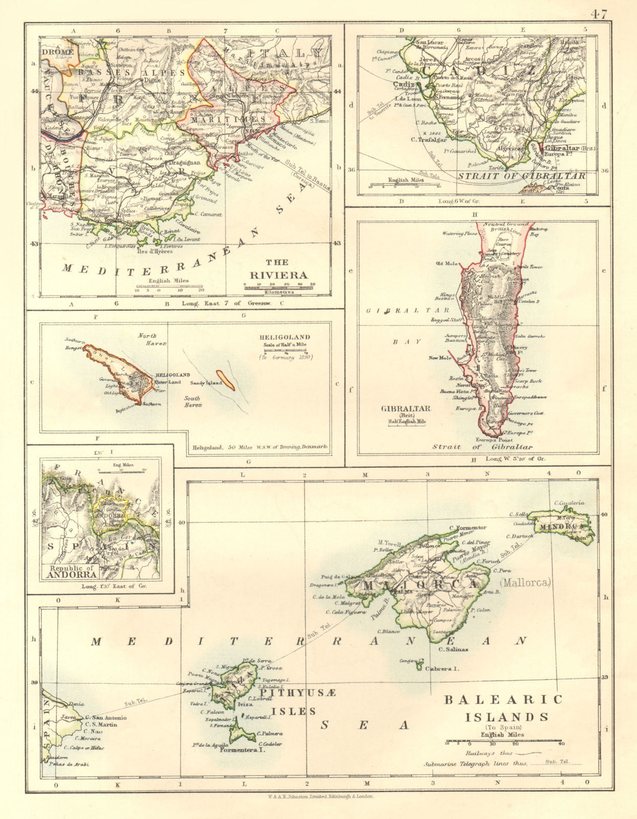 EUROPE.Balearic islands.Heligoland Gibraltar Andorra Riviera. JOHNSTON 1906 map